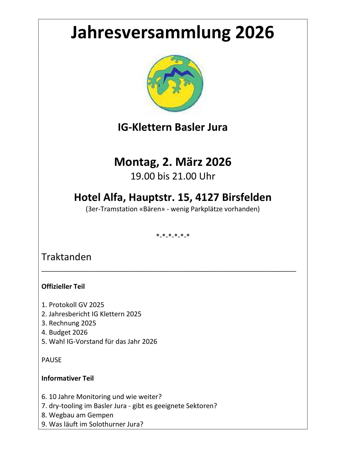 Einladung und Traktanden Liste 2026